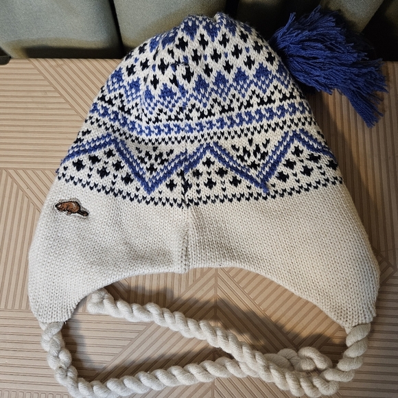 Roots Knit Hat Blue White Design Braided Ties Tassel Winter One Size Womens Wool - Picture 6 of 9